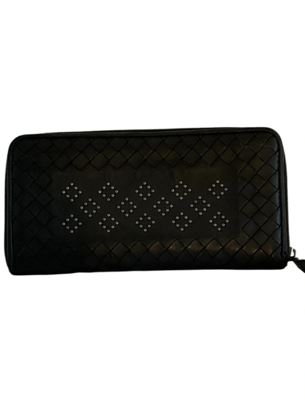 Bottega Veneta Zip Around Wallet Intrecciato‎ Stud Detail Black Leather Long